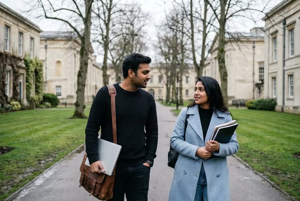 Two students walking together through a university campus abroad
